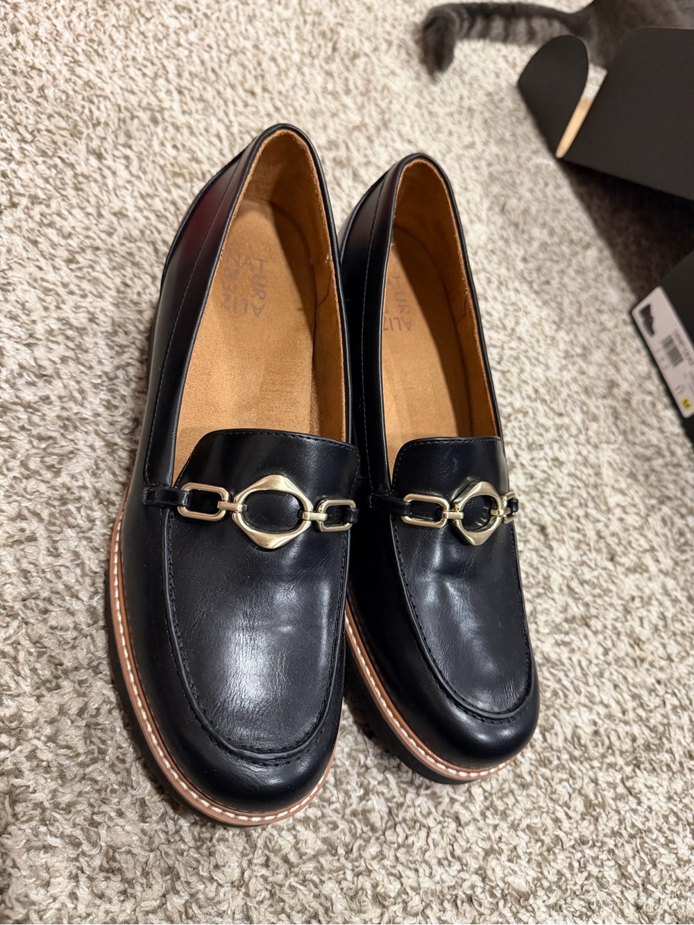 Naturalizer Black Leather Platform Loafers with Gold Bit - Picture 2 of 10